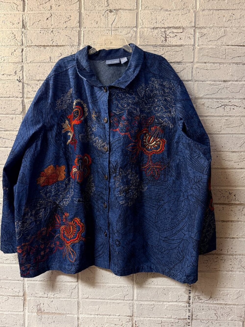 Liz & Me Embroidered Denim Look Jacket Top 5X Boho Artsy Floral Button